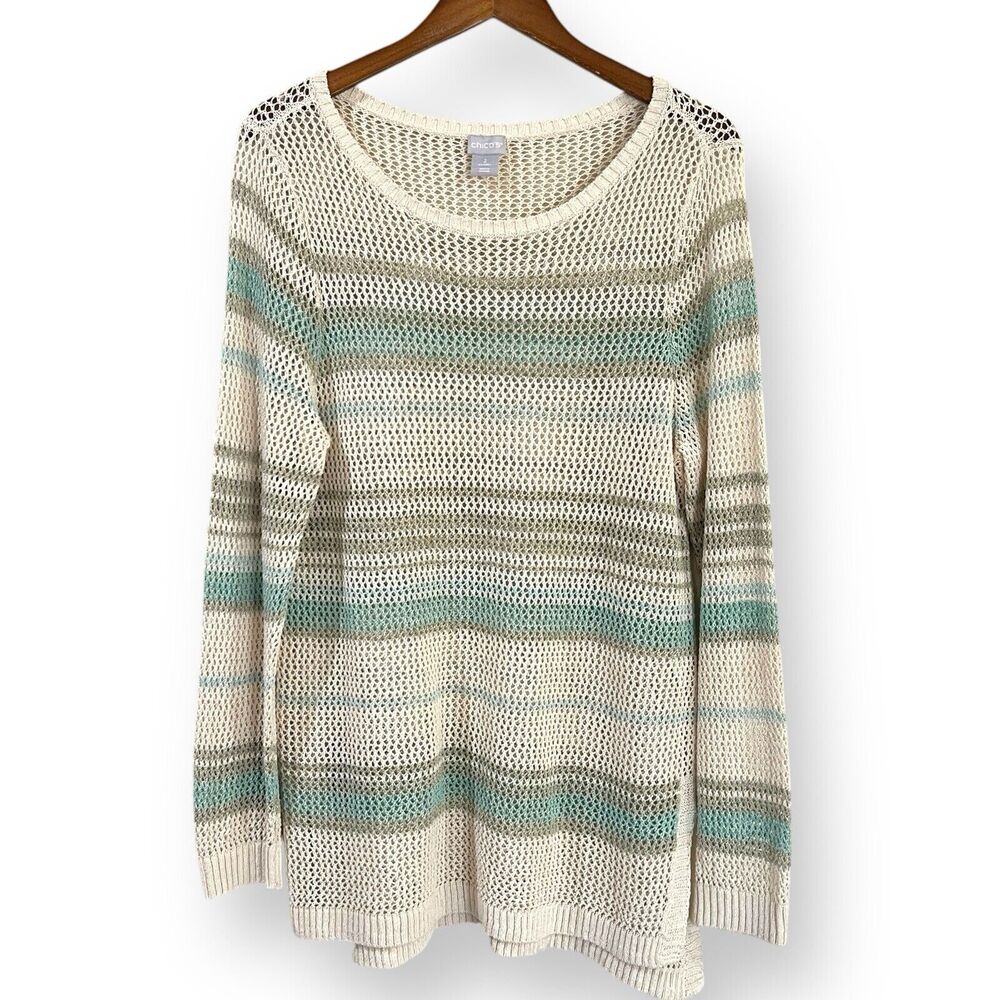 Chicos Sweater Womens Size 2 L Open Knit Tunic Ivory Aqua Striped Beach Coastal